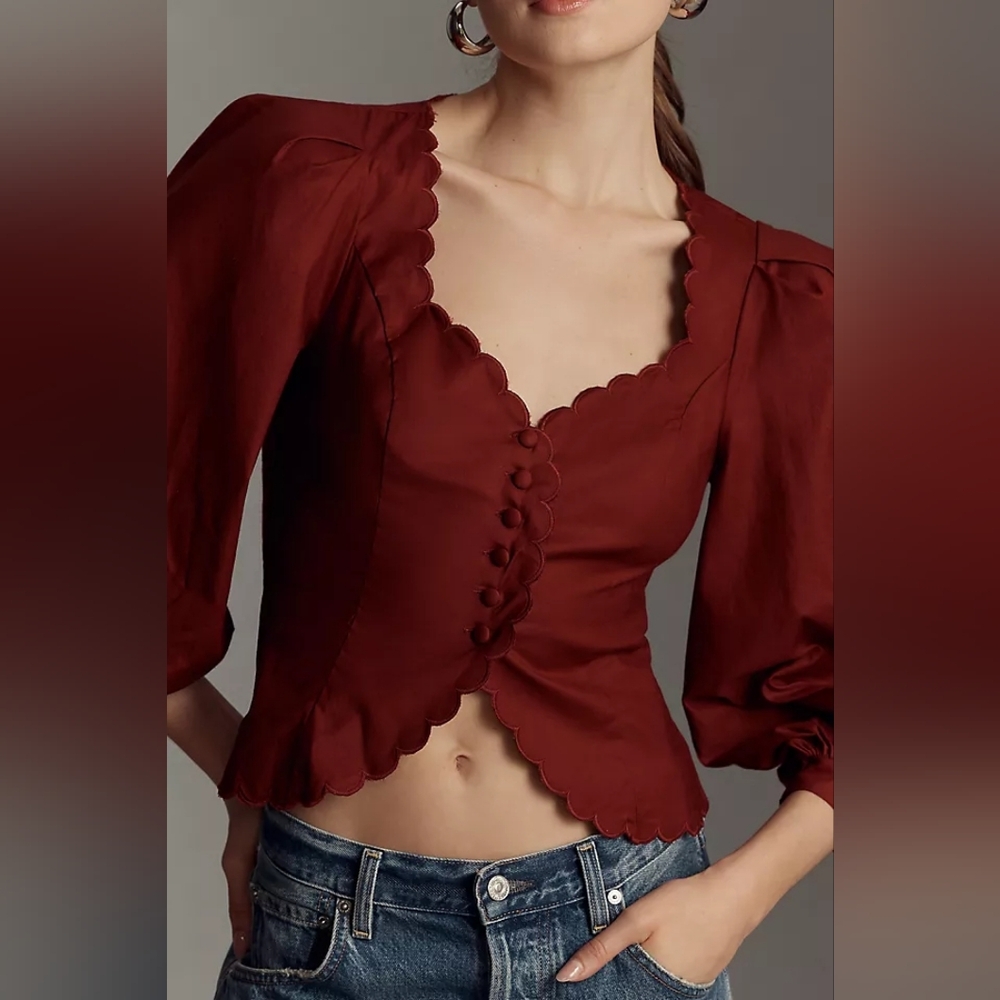 Reformation Elianna Burgundy Scalloped Button Blouse size 10